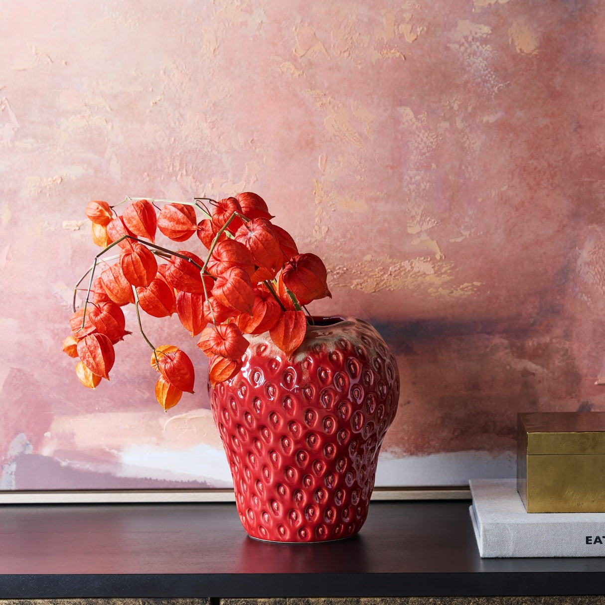 Dimpled Strawberry Ceramic Vase – Red