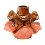Libra Interiors Reactive Glaze Ceramic Wavy Small Vase in brown and terracotta orange with a ruffled petal rim and slim neck, on a white background.