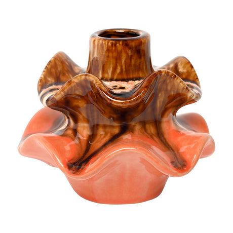 Libra Interiors Reactive Glaze Ceramic Wavy Small Vase in brown and terracotta orange with a ruffled petal rim and slim neck, on a white background.