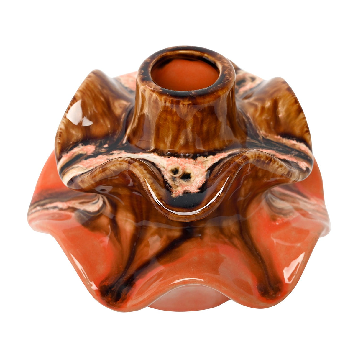 Libra Interiors Reactive Glaze Ceramic Wavy Small Vase in brown and terracotta orange, top view showing the ruffled rim and slim neck on a white background.
