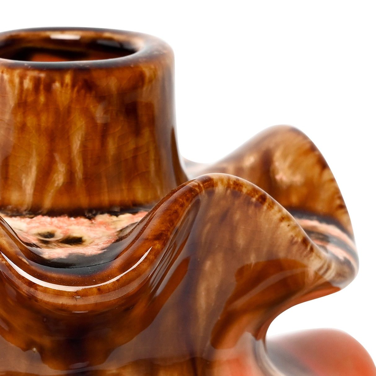 Close-up of the Libra Interiors Reactive Glaze Ceramic Wavy Small Vase in brown, showing its glossy amber and terracotta drip glaze and ruffled rim.