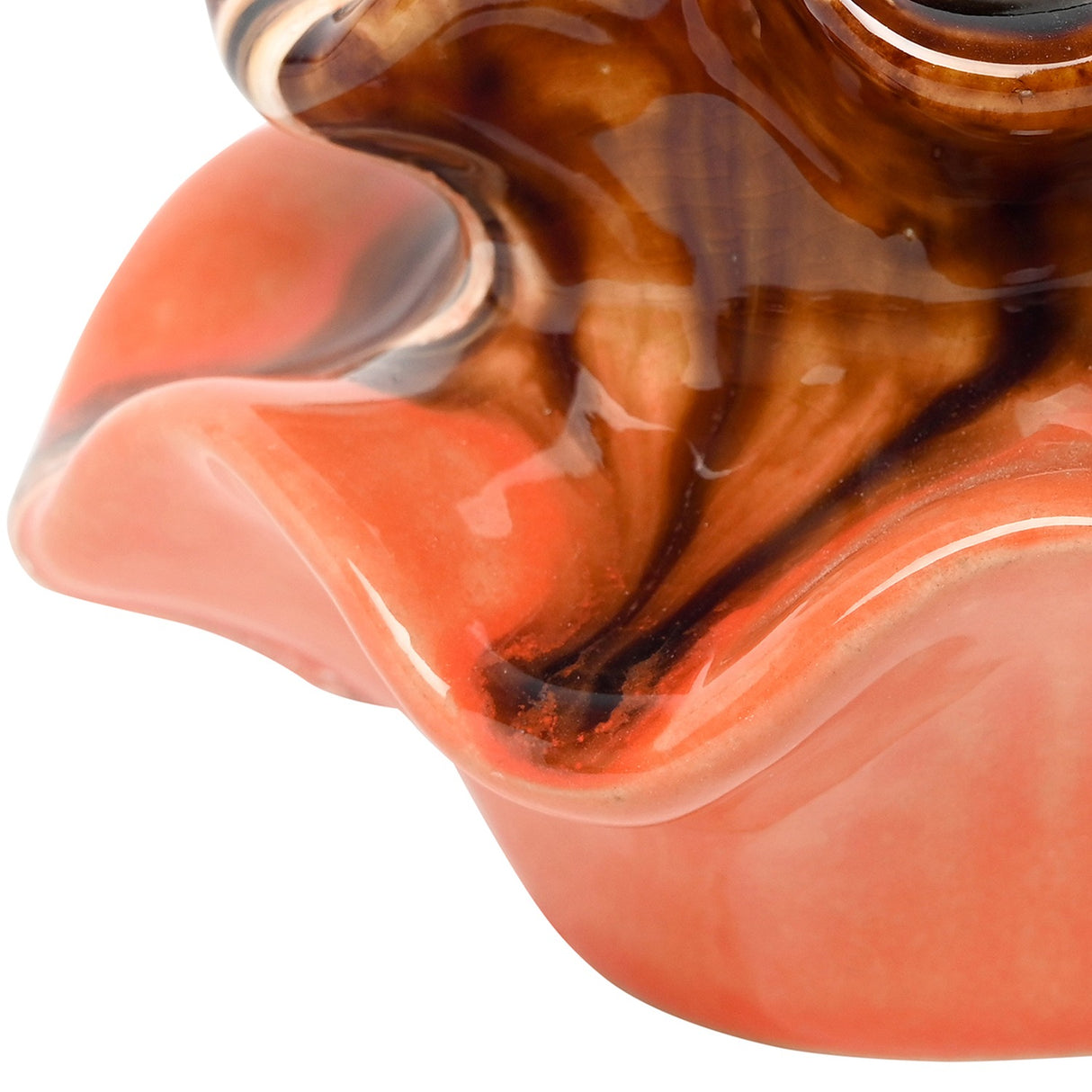 Close-up of Libra Interiors Reactive Glaze Ceramic Wavy Small Vase in brown showing the glossy amber, terracotta orange and dark drip glaze on its ruffled rim.