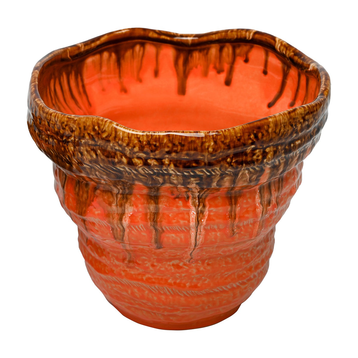 Libra Interiors Reactive Glaze Ceramic Planter in orange with brown drip glaze rim, ridged textured body and rounded shape, on a white background.