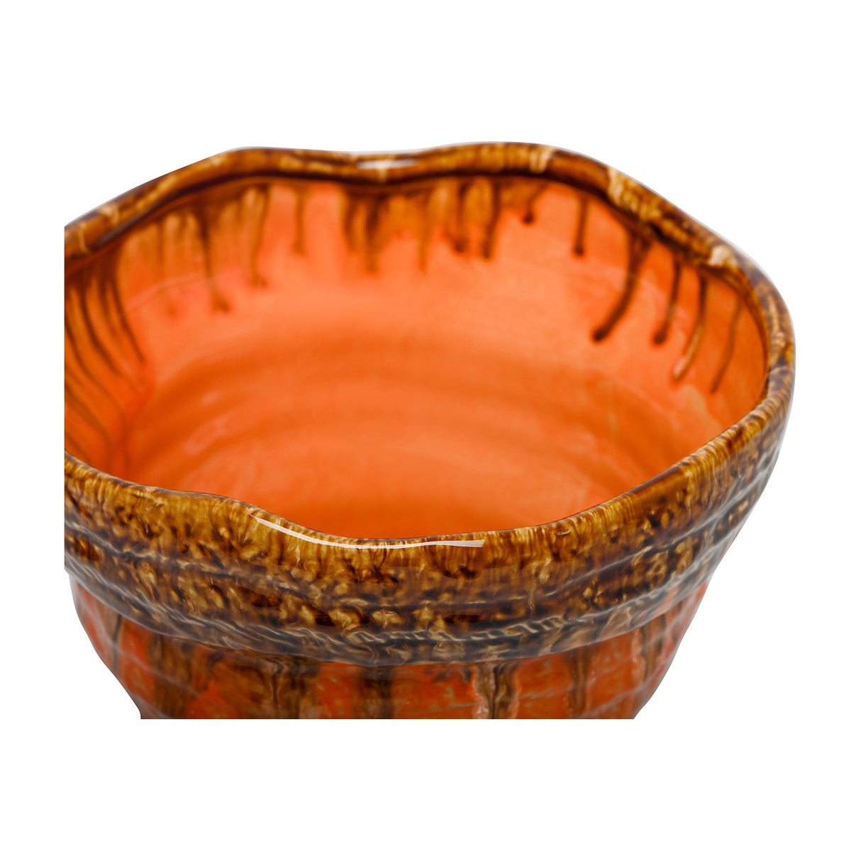 Libra Interiors Reactive Glaze ceramic planter in orange with brown drip glaze rim, textured ridged body and glossy interior, shown close-up on white.