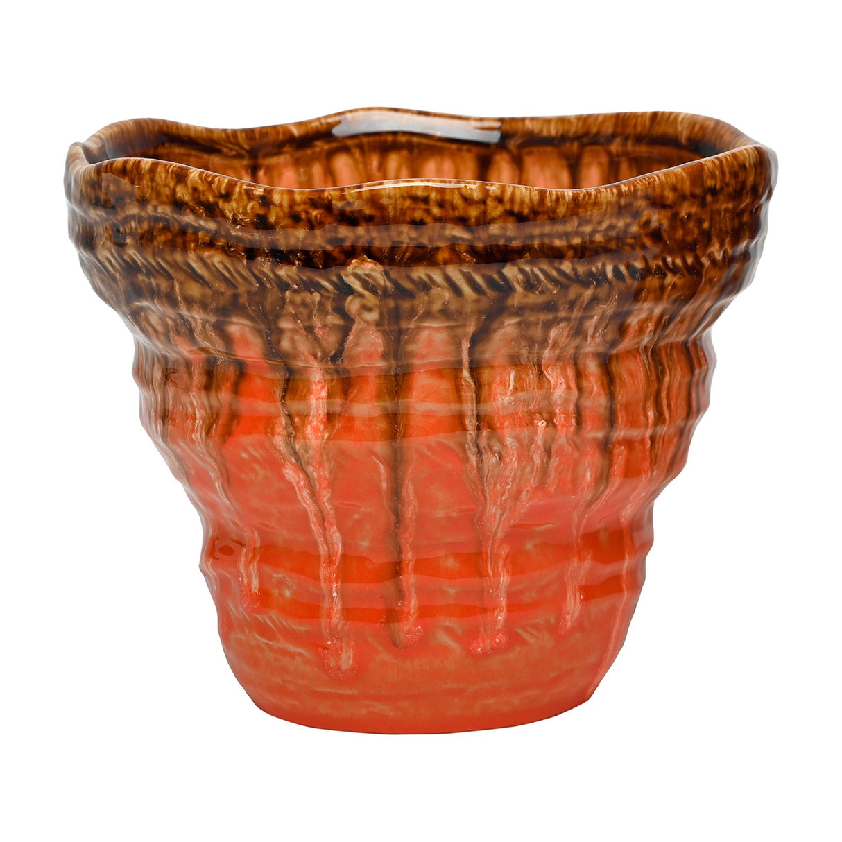 Libra Interiors Reactive Glaze ceramic planter with wavy rim, textured rippled body and glossy brown-to-orange drip glaze, shown on a white background.