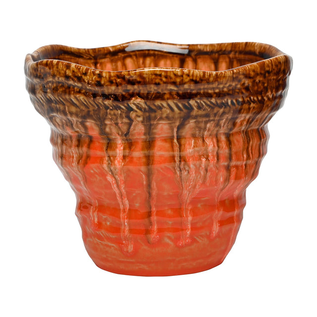 Libra Interiors Reactive Glaze ceramic planter with wavy rim, textured rippled body and glossy brown-to-orange drip glaze, shown on a white background.