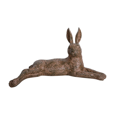 Libra Interiors Rustic Lying Hare resin sculpture in weathered brown, shown stretched out with front legs extended and ears upright against a white background.