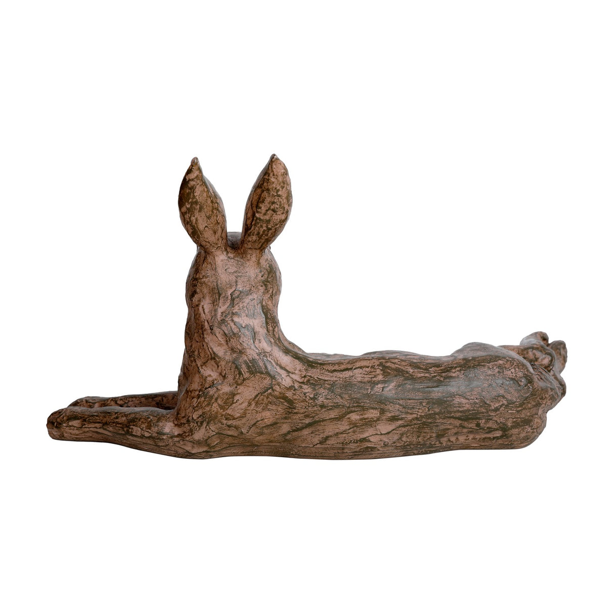 Libra Interiors Rustic Lying Hare resin sculpture in weathered brown, shown from behind with ears upright and body stretched low, on a plain white background.