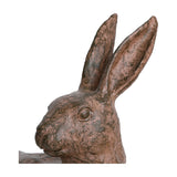 Close-up of Libra Interiors Rustic Lying Hare resin sculpture showing the head, upright ears and weathered brown textured finish on a white background.