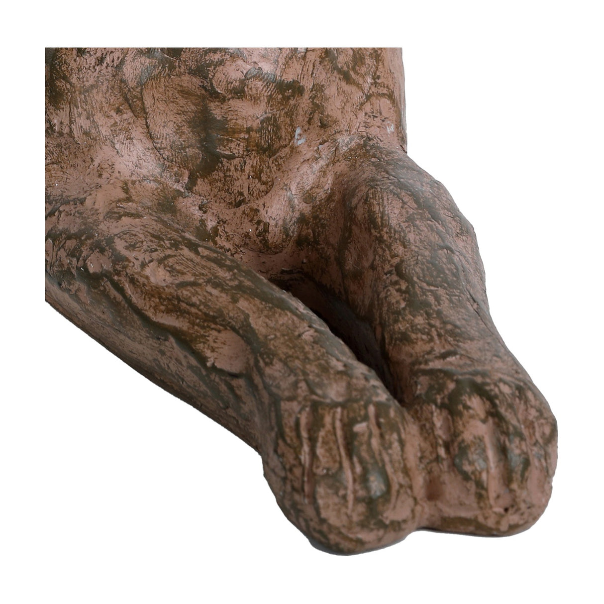 Close-up of the front paws on Libra Interiors Rustic Lying Hare resin sculpture, showing the textured brown weathered finish and sculpted fur detail.