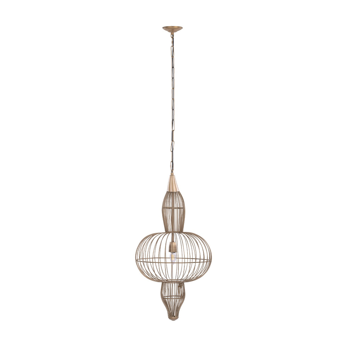 Libra Interiors Wire Frame Burnished Brass Pendant Light with three-tier steel cage silhouette, cone, orb and tapered base, suspended from chain on white.