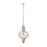 Libra Interiors Wire Frame Burnished Brass Pendant Light with three-tier steel cage silhouette, cone, orb and tapered base, suspended from chain on white.