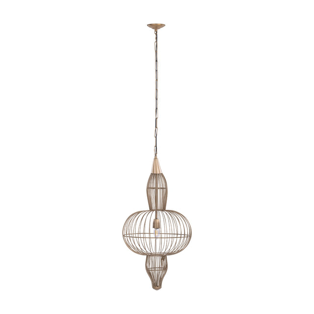 Libra Interiors Wire Frame Burnished Brass Pendant Light with three-tier steel cage silhouette, cone, orb and tapered base, suspended from chain on white.