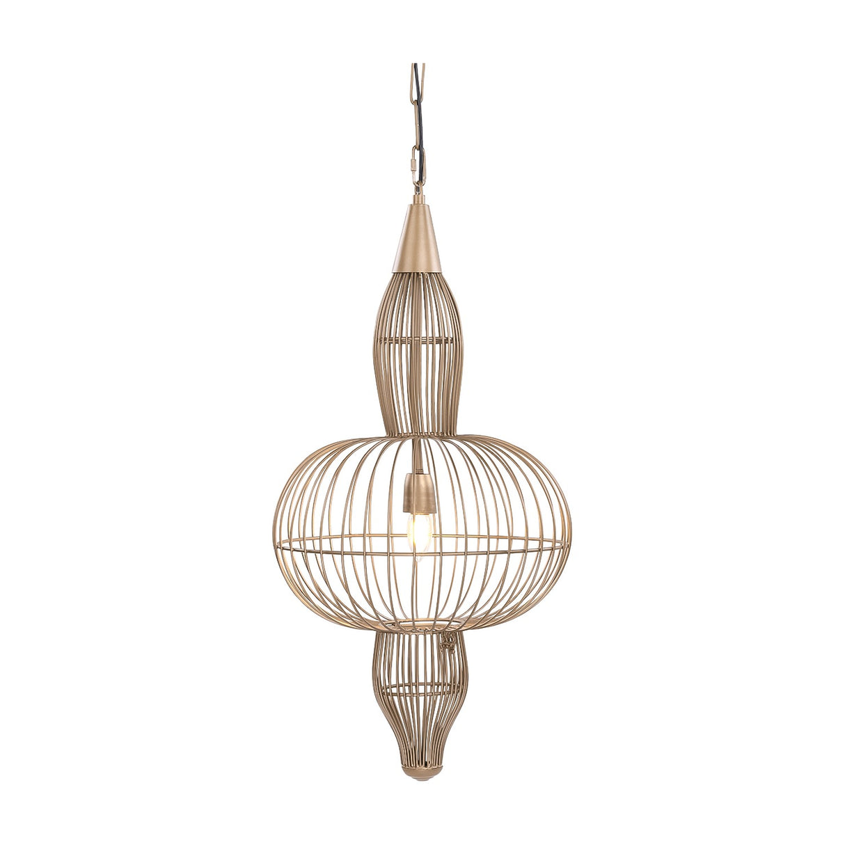 Libra Interiors Wire Frame Burnished Brass Pendant Light with a three-tier steel cage silhouette, central orb and tapered base, on a white background.