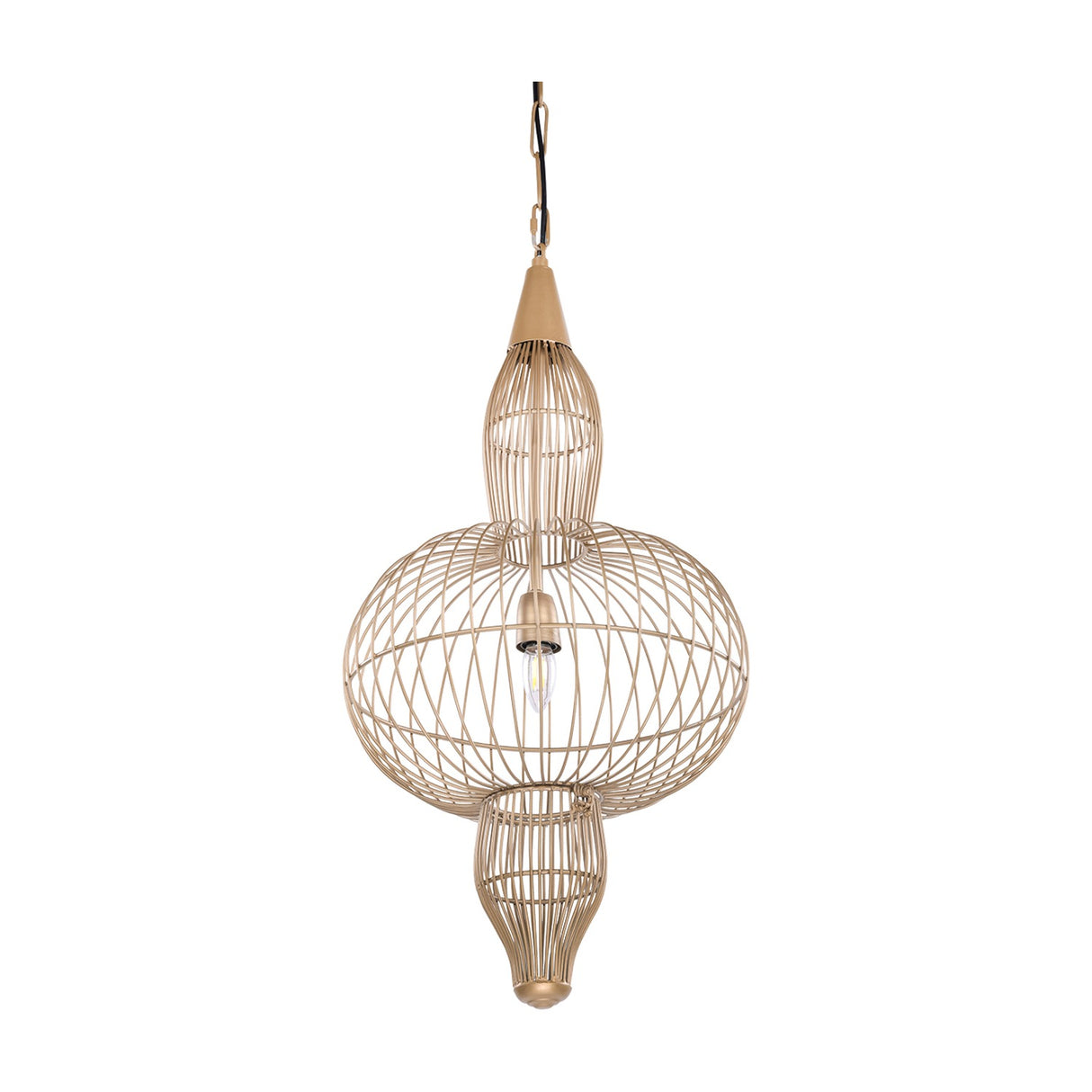 Libra Interiors Wire Frame Burnished Brass Pendant Light with three-tier steel cage silhouette, rounded central orb and chain suspension on a white background.
