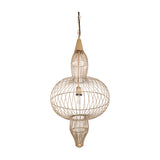 Libra Interiors Wire Frame Burnished Brass Pendant Light with three-tier steel cage silhouette, rounded central orb and chain suspension on a white background.