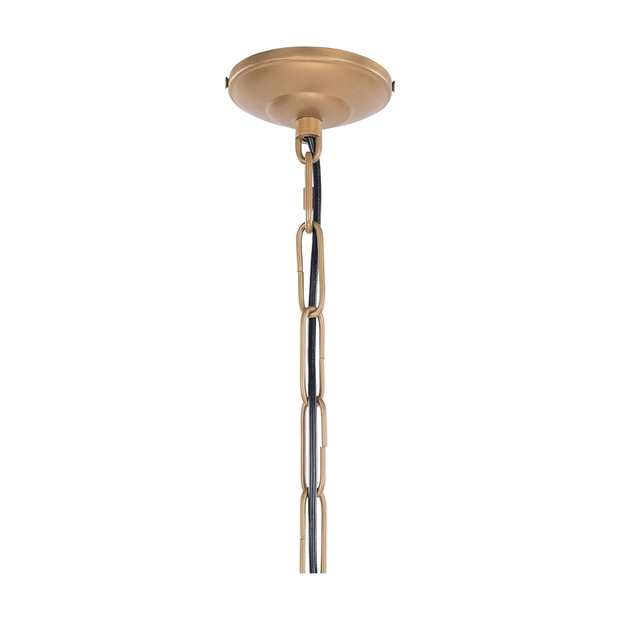 Close-up of the burnished brass ceiling canopy and chain suspension of the Libra Interiors Wire Frame Pendant Light on a white background.