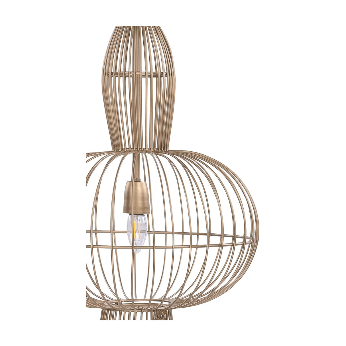 Close-up of the Libra Interiors Wire Frame Burnished Brass Pendant Light showing the rounded orb cage, E27 filament bulb and slim vertical wires.