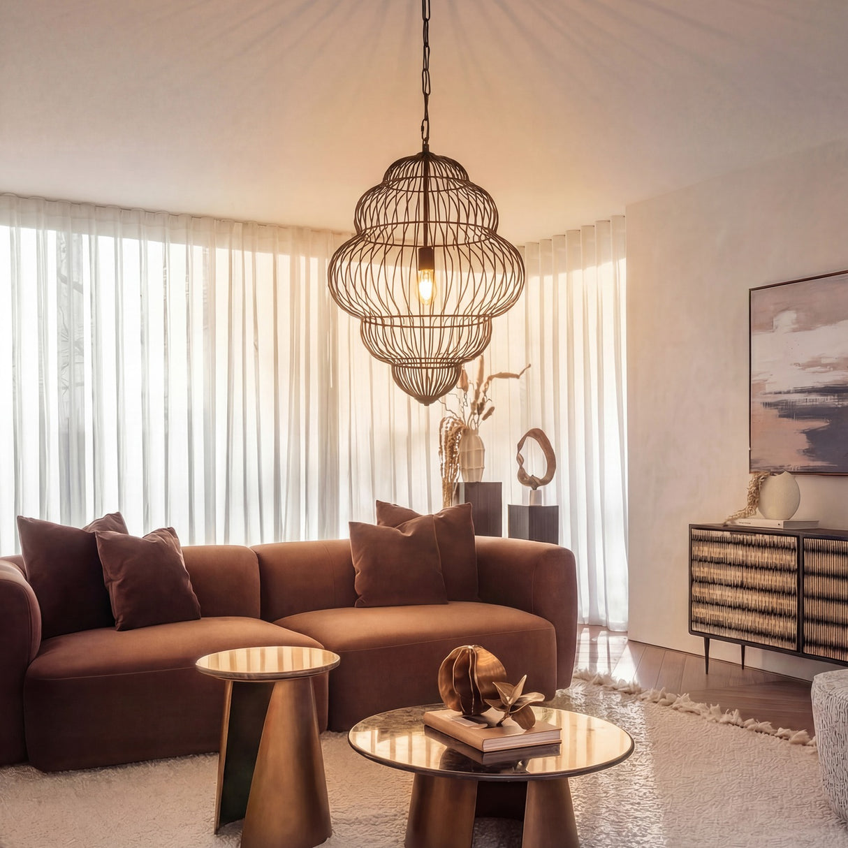 Libra Interiors Tiered Cloud Wire matt black pendant light with layered open cage silhouette above a brown sofa and round tables in a sunlit living room.