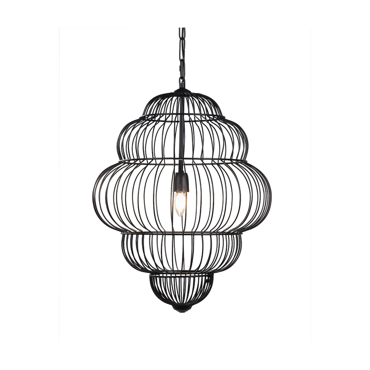 Libra Interiors Tiered Cloud Wire pendant light in matt black, layered open-cage iron frame with single E27 bulb, shown on a white background.
