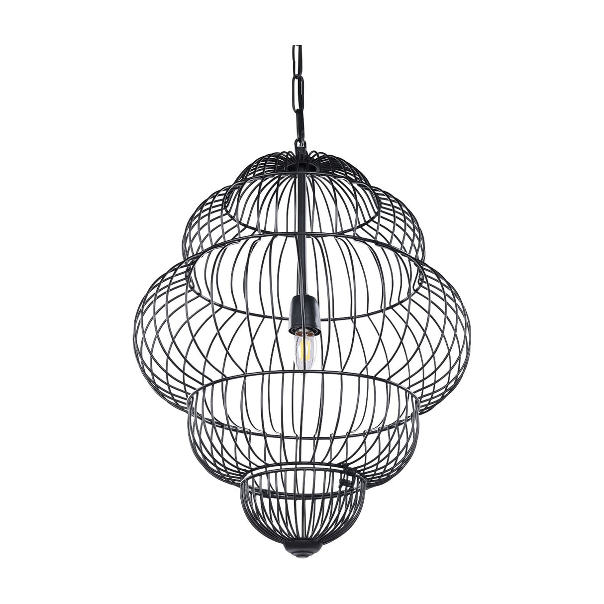 Libra Interiors Tiered Cloud Wire pendant light in matt black, featuring a layered open-cage iron silhouette with visible E27 bulb and chain suspension.