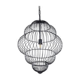 Libra Interiors Tiered Cloud Wire pendant light in matt black, featuring a layered open-cage iron silhouette with visible E27 bulb and chain suspension.