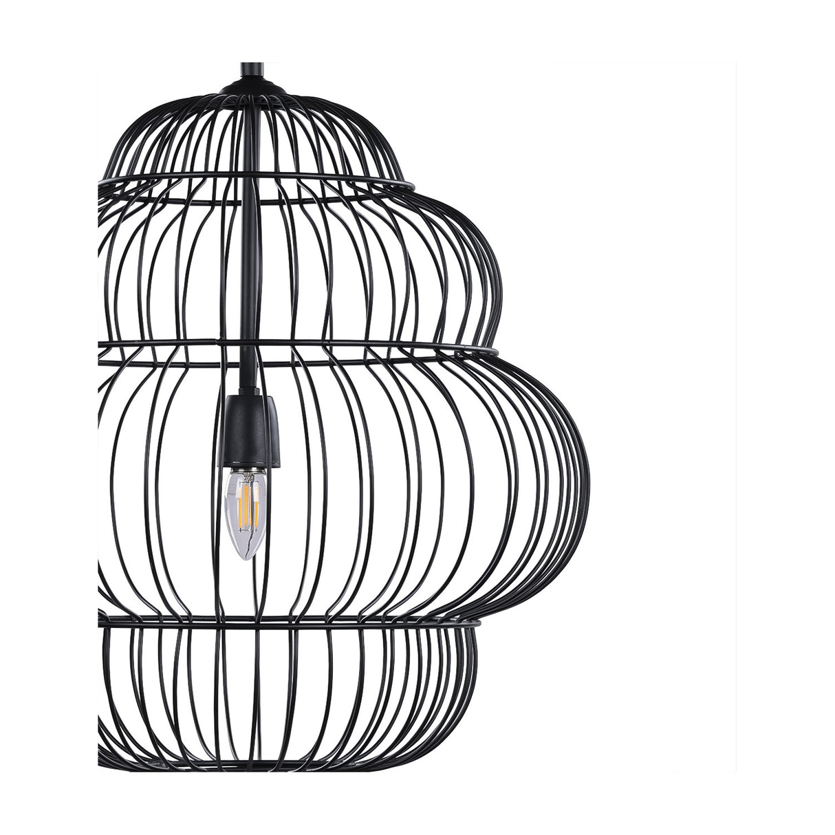 Libra Interiors Tiered Cloud Wire pendant light in matt black iron, close-up of the layered cage silhouette with visible E27 filament bulb.