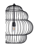 Libra Interiors Tiered Cloud Wire pendant light in matt black iron, close-up of the layered cage silhouette with visible E27 filament bulb.