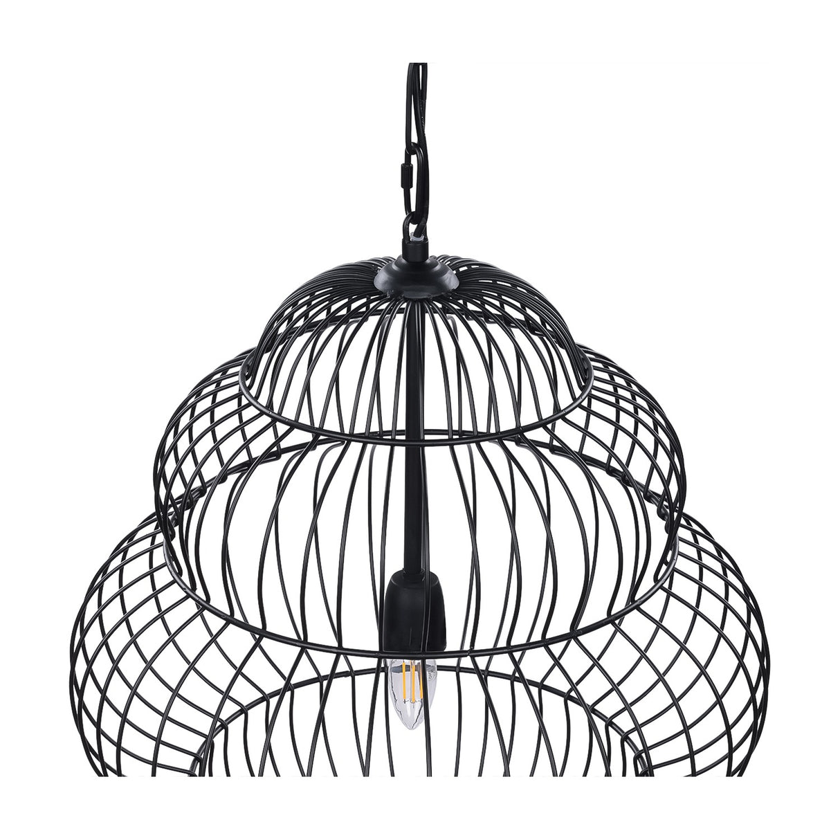 Libra Interiors Tiered Cloud Wire pendant light in matt black, showing layered open-wire iron domes with a visible E27 filament bulb and chain suspension.