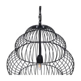 Libra Interiors Tiered Cloud Wire pendant light in matt black, showing layered open-wire iron domes with a visible E27 filament bulb and chain suspension.
