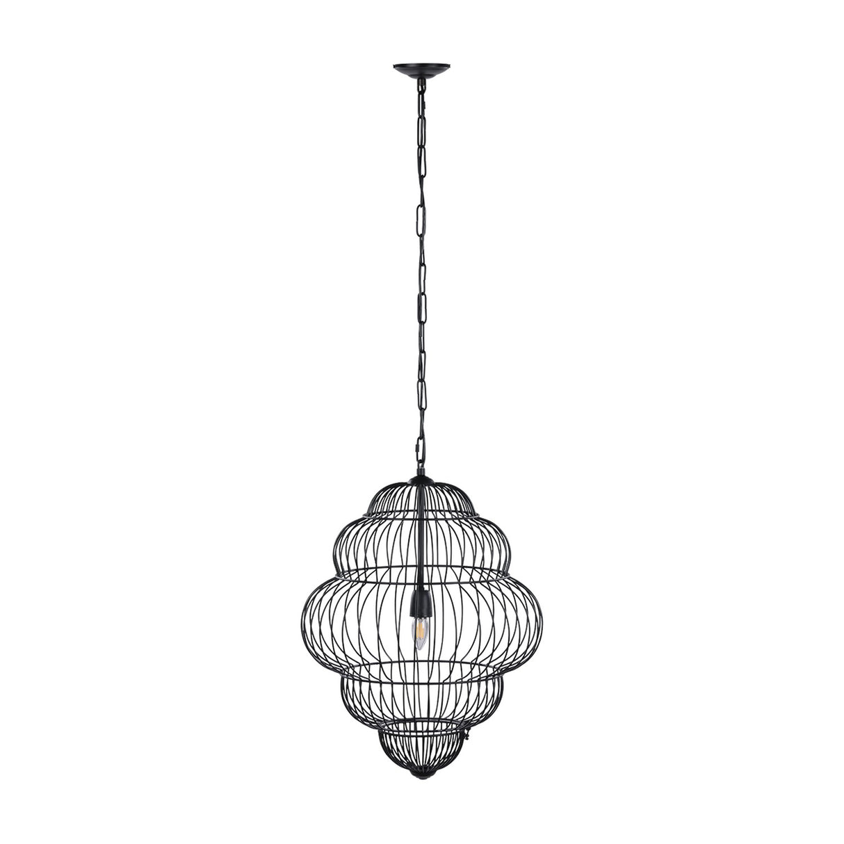 Libra Interiors Tiered Cloud Wire pendant light in matt black, showing the layered open-cage iron frame with chain suspension and visible E27 bulb.