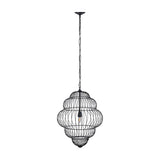 Libra Interiors Tiered Cloud Wire pendant light in matt black, showing the layered open-cage iron frame with chain suspension and visible E27 bulb.