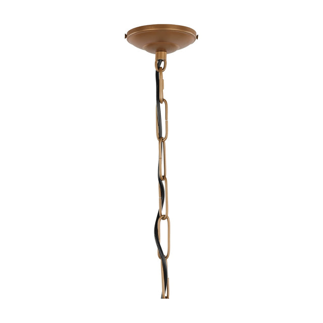 Libra Interiors Burnished Brass Wire Pear Drop Pendant Light ceiling rose and chain suspension detail in warm brass finish on a white background.