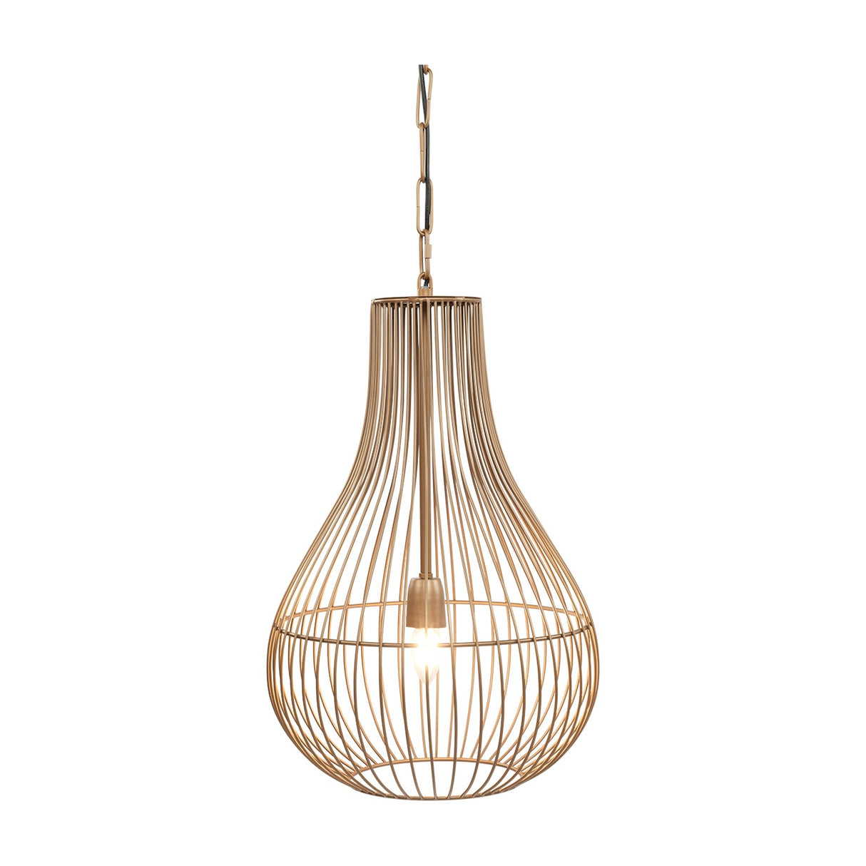 Libra Interiors Burnished Brass Wire Pear Drop Pendant Light with teardrop steel cage frame, lit E27 bulb and matching chain, on a white background.