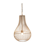 Libra Interiors Burnished Brass Wire Pear Drop Pendant Light with teardrop steel cage frame, lit E27 bulb and matching chain, on a white background.