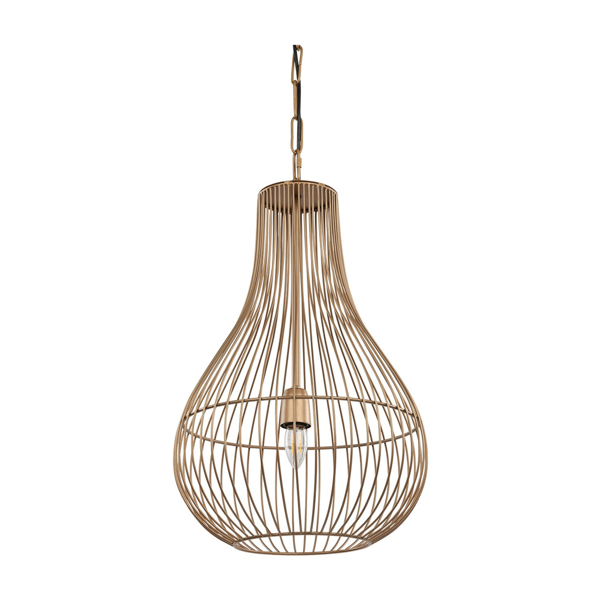 Libra Interiors Burnished Brass Wire Pear Drop Pendant Light with teardrop steel cage frame, E27 bulb and chain suspension on a white background.