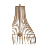Libra Interiors Burnished Brass Wire Pear Drop Pendant Light shown close up, revealing the teardrop steel cage, central E27 lampholder and lit candle bulb.