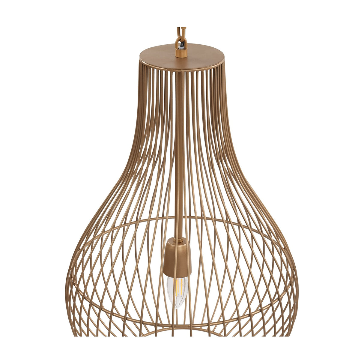 Libra Interiors Burnished Brass Wire Pear Drop Pendant Light with teardrop steel cage frame, chain suspension and single E27 candle bulb.