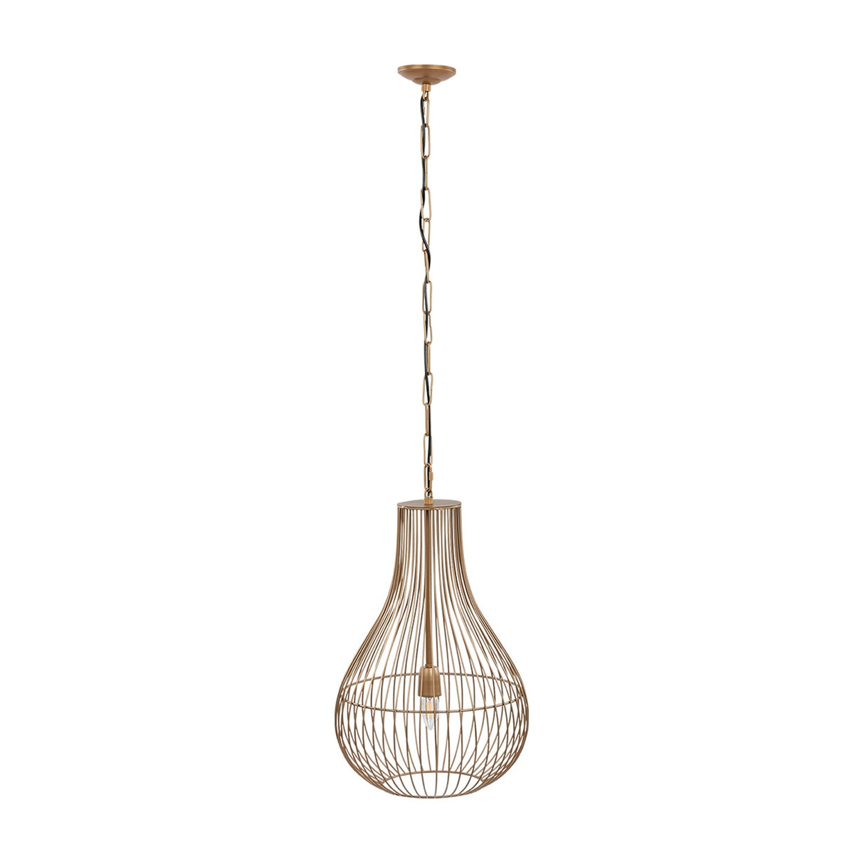 Libra Interiors Burnished Brass Wire Pear Drop Pendant Light with teardrop steel cage frame and matching chain, shown on a white background.