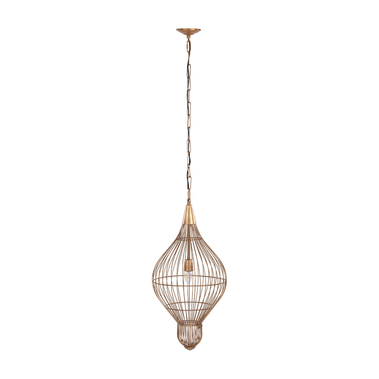 Libra Interiors Teardrop Wire Burnished Brass Pendant Light with an elongated open wire cage suspended from a chain and ceiling rose on a white background.