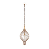 Libra Interiors Teardrop Wire Burnished Brass Pendant Light with an elongated open wire cage suspended from a chain and ceiling rose on a white background.