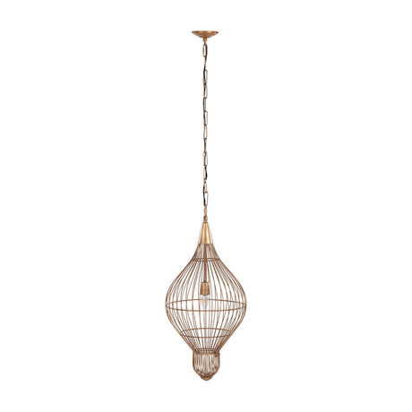 Libra Interiors Teardrop Wire Burnished Brass Pendant Light with an elongated open wire cage suspended from a chain and ceiling rose on a white background.