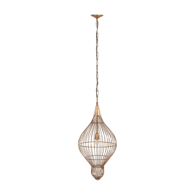 Libra Interiors Teardrop Wire Burnished Brass Pendant Light with an elongated open wire cage suspended from a chain and ceiling rose on a white background.