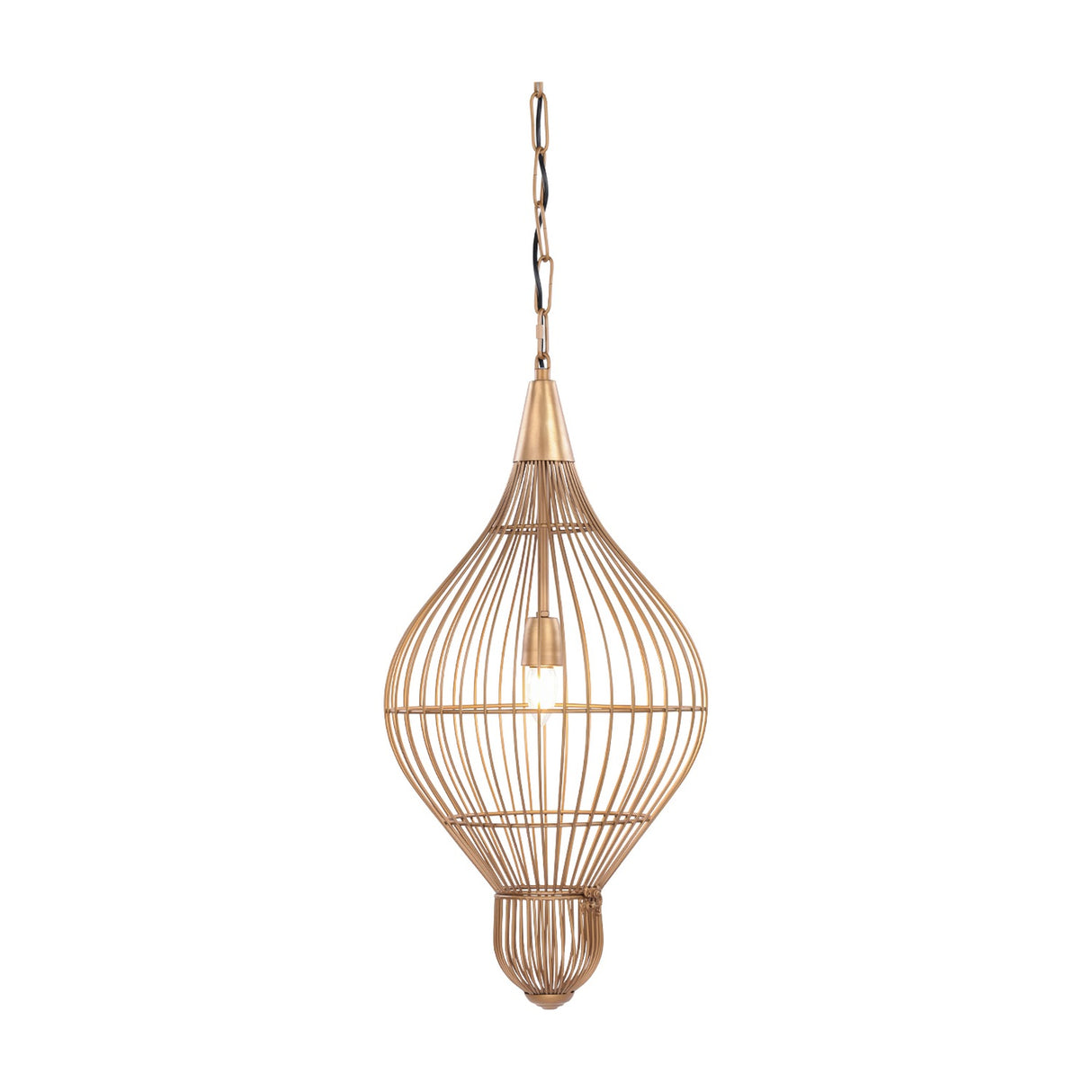 Libra Interiors Teardrop Wire Burnished Brass Pendant Light with an elongated iron cage, tapered brass cap and chain suspension on a white background.