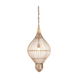 Libra Interiors Teardrop Wire Burnished Brass Pendant Light with an elongated iron cage, tapered brass cap and chain suspension on a white background.