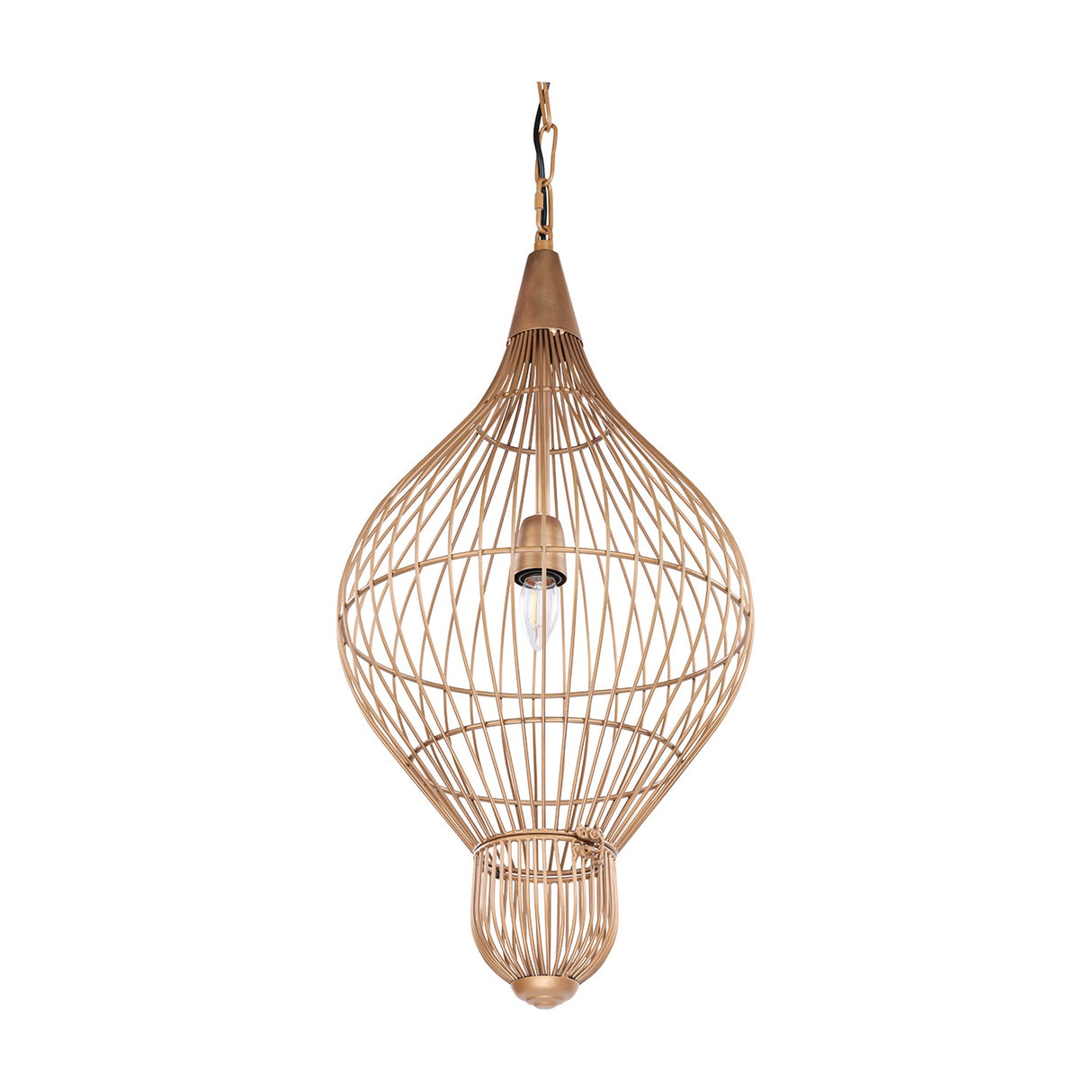 Libra Interiors Teardrop Wire Burnished Brass Pendant Light with open iron cage, tapered cap and finial, suspended from a chain on a white background.