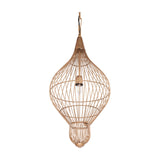 Libra Interiors Teardrop Wire Burnished Brass Pendant Light with open iron cage, tapered cap and finial, suspended from a chain on a white background.