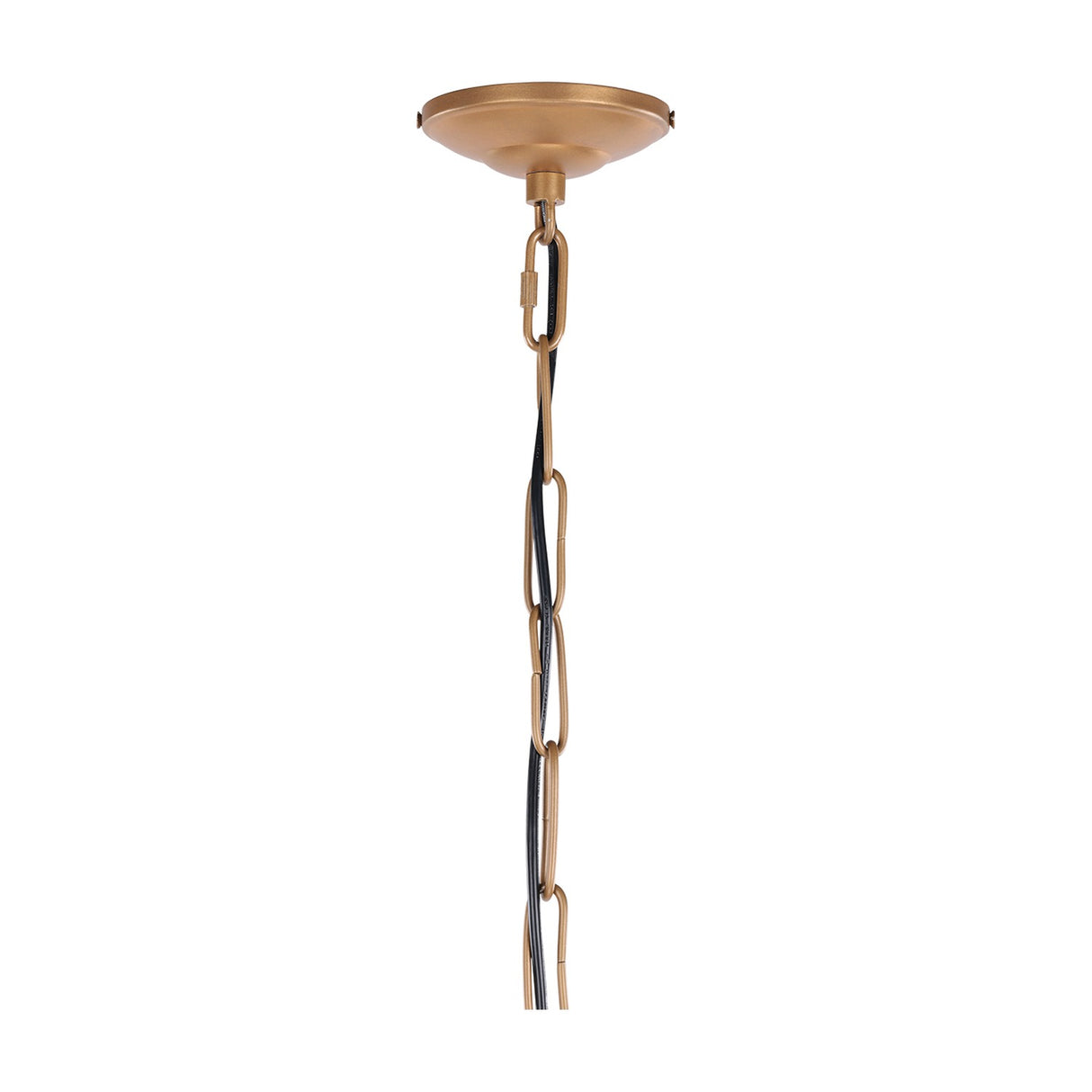 Libra Interiors Teardrop Wire pendant light showing the burnished brass ceiling canopy, chain suspension and black cable against a plain white background.