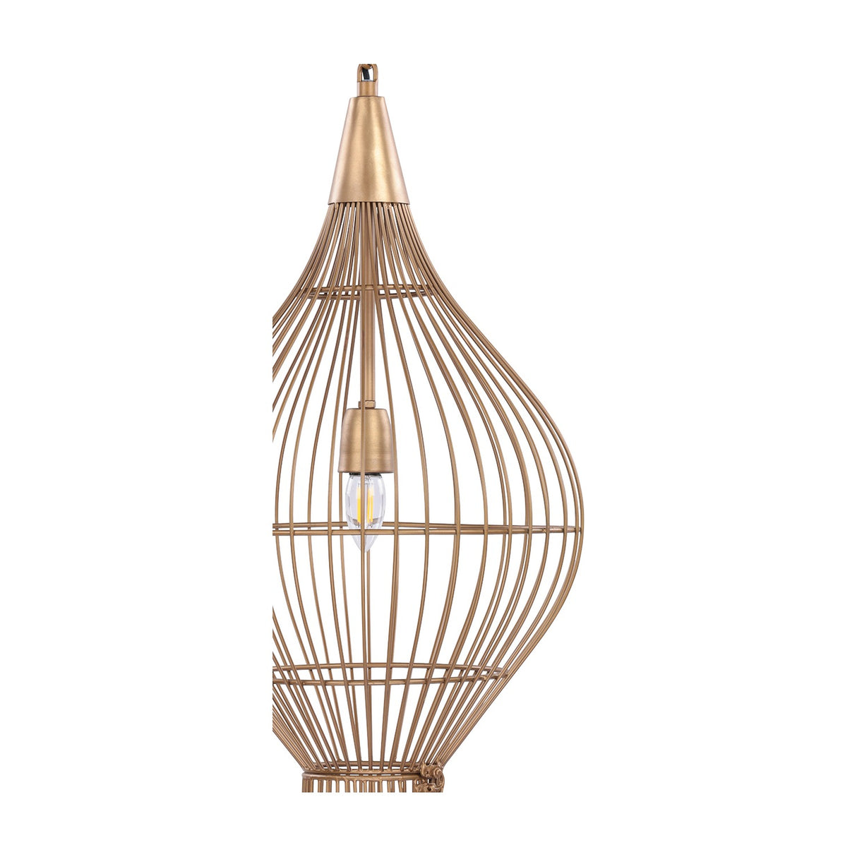 Libra Interiors Teardrop Wire Burnished Brass Pendant Light with welded iron cage, tapered brass cap and single E27 bulb, shown on a white background.