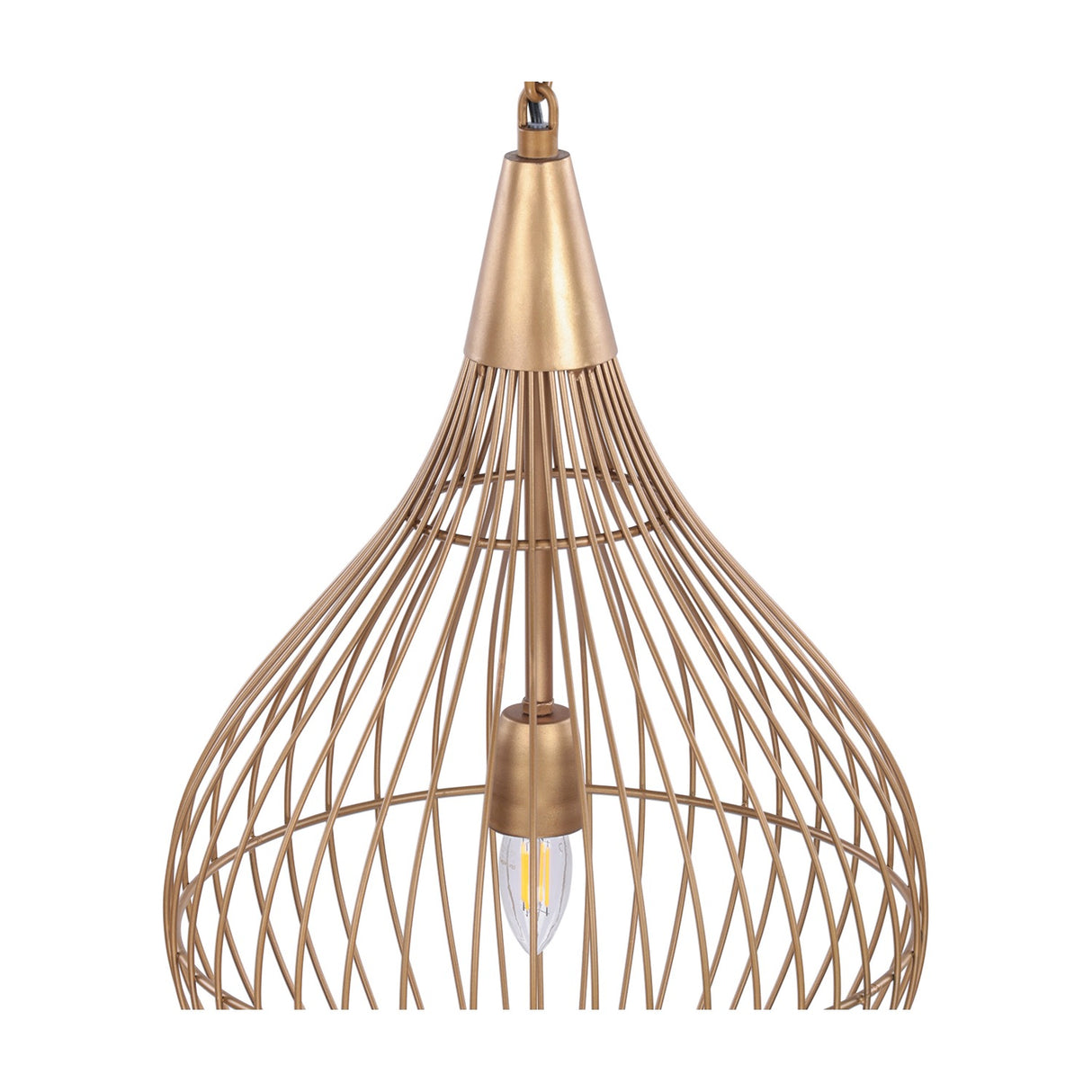 Libra Interiors Teardrop Wire Burnished Brass Pendant Light shown close-up, with open iron wire cage, tapered brass cap and E27 bulb visible inside.